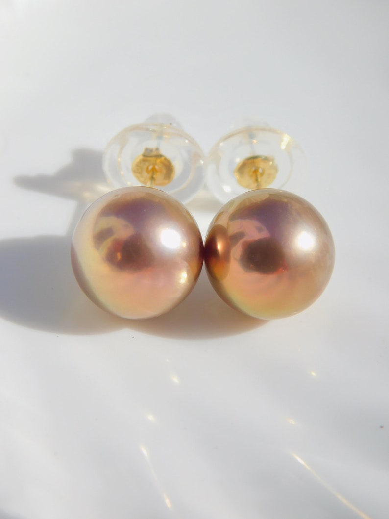 Pearl Studs and Floating Pearl Necklace SET Solid 18kt Yellow Gold Super Metallic Bronze 11.2mm and 11.9mm Beyone AAA Jewelry SET image 7