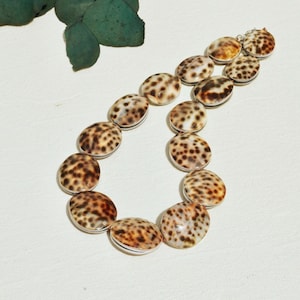 Natural Tiger Cowrie Shell Beaded Necklace:  Spotted Shell, Adjustable 19.5 -21.5 inch, Coastal Statement Necklace