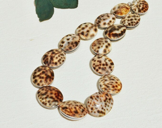 Natural Tiger Cowrie Shell Beaded Necklace:  Spotted Shell, Adjustable 19.5 -21.5 inch, Coastal Statement Necklace