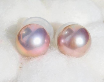 11.3mm Pastel Pink Mauve Freshwater Pearl Stud Earrings: Solid 18K White Gold, Large Pink Pearl