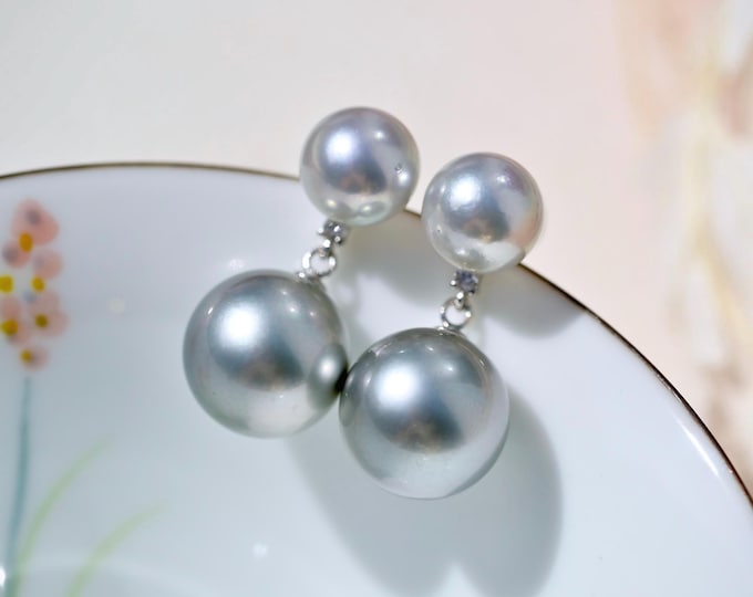 Akoya & Tahitian Pearl Drop Earrings: Solid 18k White Gold, Natural Diamond Accents