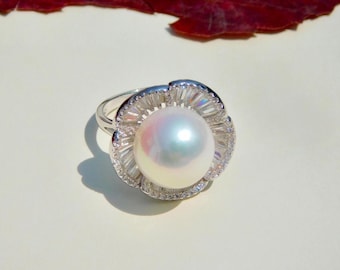 Cluster Flower Ring | 12.4mm | White Freshwater | AAA+ | Round | Size 7.25 US | White Gold Plated Sterling Silver | CZ Pearl Ring | Flower