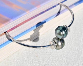 Dual Pearl Bypass Bangle: 2.3mm Round Sterling Silver Open Bangle, 6.25-6.5 inch Wrist Size, Tahitian Pearls