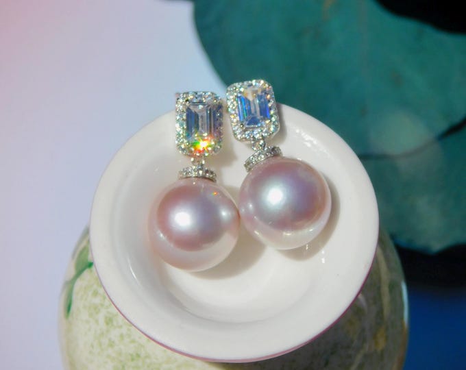 Cluster Pearl Earrings | 12.2mm Freshwater Pearls | Pastel Lavender | White Gold plated Silver | AAA | Round | Drop Earrings | CZ Stones