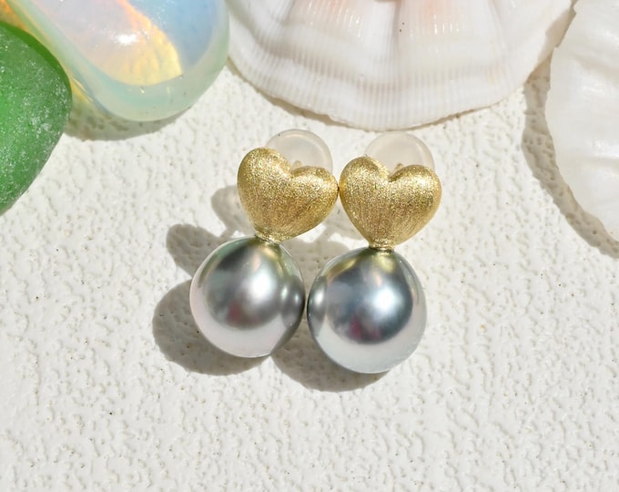 Vermeil Tahitian Pearl Earrings: Brushed Heart, AAA, Gray-blue, 9.5 and 9.2mm