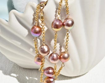 Kasumi Like Freshwater Pearl Tin Cup Necklace: 14K Gold Filled Rolo Chain, Wire Wrap, 16.5 Inch