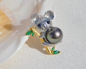 Koala Tahitian Pearl Brooch/Pendant | 11.2mm | Sterling Silver | S925 | AA+ | Pendant | Round | Koala Pin | Black | Animal Pin | Olive Green