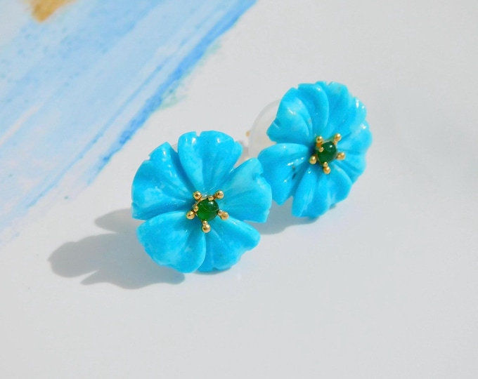 Solid 18k Gold Sleeping Beauty Turquoise Flower Studs with Jadeite