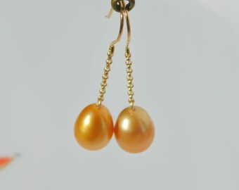 Deep Golden South Sea Pearl Drop Earrings | Solid 18k Gold | AAA | Saltwater Pearls | 9.8mm | Au750 | Long Dangle Earrings | Teardrop