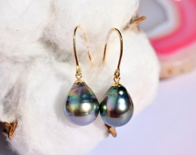 Rich Peacock Tahitian Pearl Earrings: Teardrop, Solid 18K Gold Fishhooks, 11mm, Black Pearl Drop Earrings