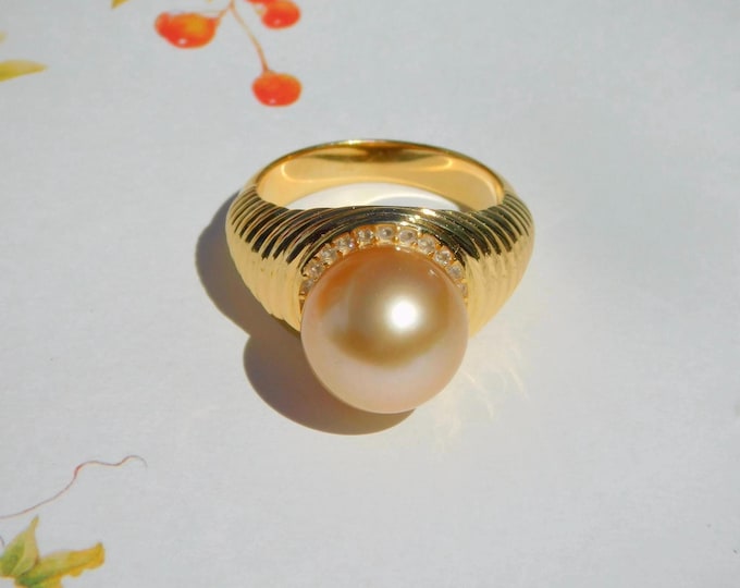 12.4mm Golden South Sea Pearl Ring | 8.25 US Size | Vermeil | Gold Over Sterling Silver | Medium Golden | AAA | Heavy Set | Statement Ring