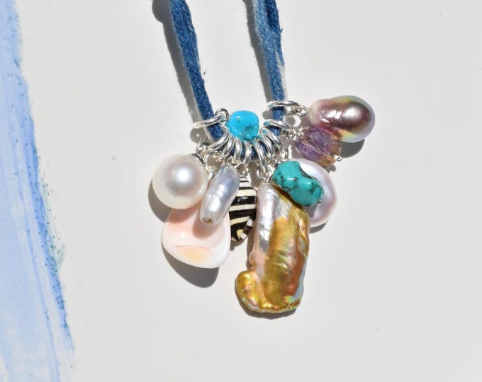 Ten Charm Ocean Necklace: Adjustable Hand Dyed Indigo Cotton Cord, Freshwater and Tahitian Keshi Charm, Sterling Silver , One-of-a-kind