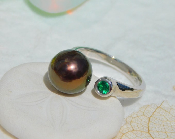 Pinky Ring | Tahitian Pearl Ring | Chocolate Green | Open Ring | 9.4mm | White Gold Plated Sterling Silver | 4 -4.5 US | Small Finger Ring