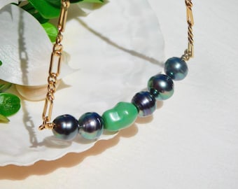 Tahitian Pearl & Turquoise Bar Necklace: 14K Gold Filled Figaro Chain, Peacock, Green, Smiley, 16.5 Inch