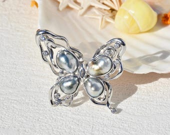 Gray Blue Pearl Butterfly Brooch/Pendant: AAA, Tahitian Keshi Pearls, Sterling Silver
