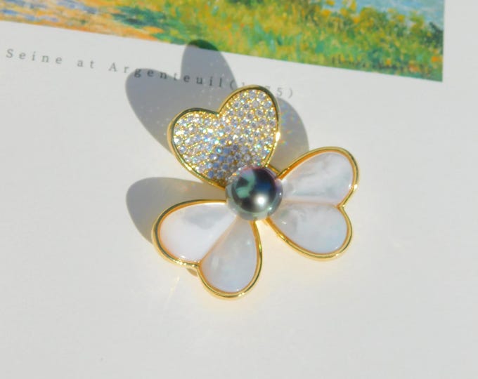 Mother of Pearl Brooch with Tahitian Pearl | Aubergine Peacock | 9.4mm | AAA+ | Brooch Pin | Black Pearl Pin | CZ Stone | Flower Pin
