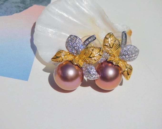 10.9mm Pearl Earrings | Vermeil Leaf and Branch | Two Tone Gold Silver | AAA+ | Metallic Copper Red | Drop Earrings | Freshwater Pearls