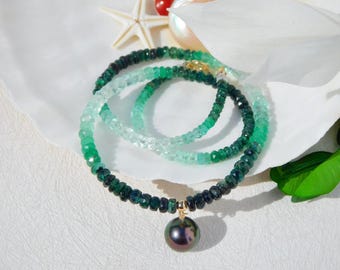 Ombre Faceted Emerald Tahitian Pearl Necklace | 9.5mm | Deep Peacock | Black Pearl | Gemstone and Pearl | Solid 18kt Gold | AAA | 14.75''
