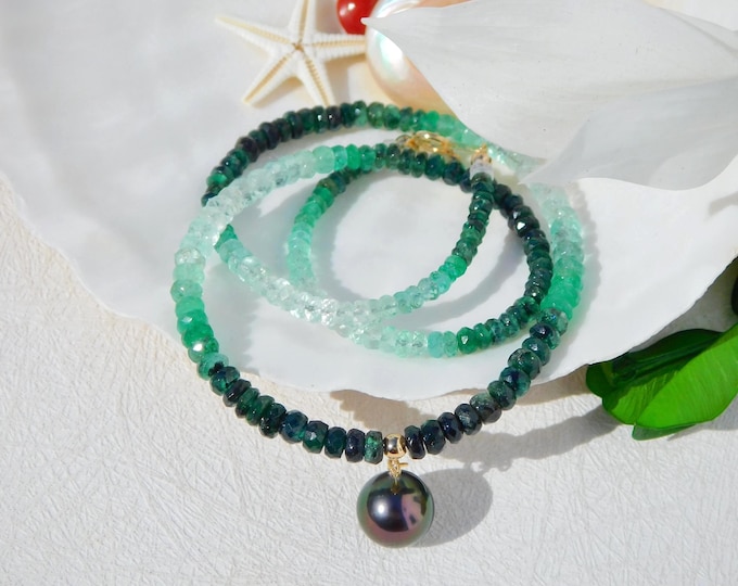Ombre Faceted Emerald Tahitian Pearl Necklace | 9.5mm | Deep Peacock | Black Pearl | Gemstone and Pearl | Solid 18kt Gold | AAA | 14.75''