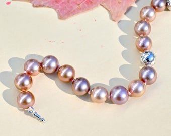Pink Mauve Pearl Bracelet: Sterling Silver Clasp, AAA, Freshwater Pearls, For 6.5 Inch Wrist