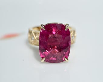 11.56 CT Rubellite Tourmaline Ring: Solid 14K Gold, Lab Diamond Accents, US Size 6.5