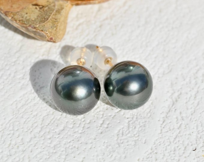 Solid 18k Gold Tahitian Pearl Studs: Deep Gray Black, AAA+, 10.6mm