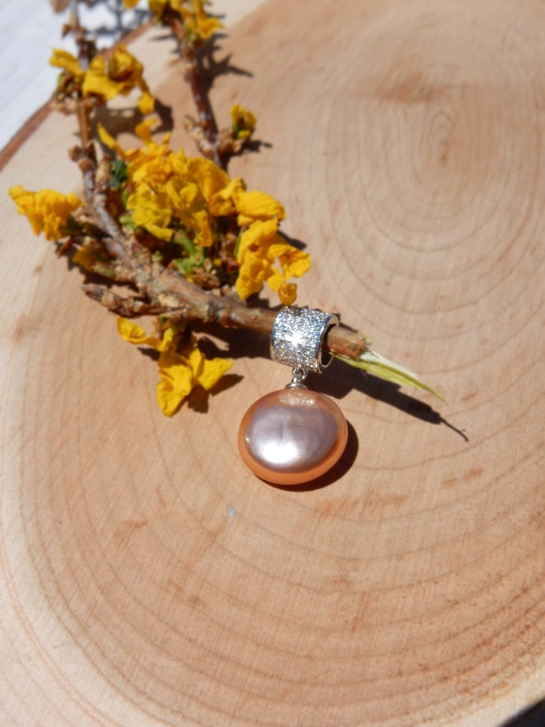 13mm Metallic Peach Single Pearl Pendant Coin Champagne Pearl Pendant Ready to Ship Silver