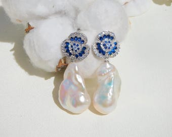 Cluster Large Baroque Peal Earrings | Bold Design | Large Pearl | S925 Silver | Fireball Pearls | White | Statement Earrings | Blue Flower