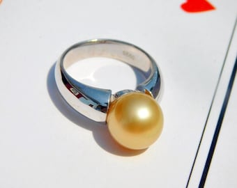 Golden South Sea Pearl Pinky Ring: 3.75 US Size, 9.4mm, AAA, Small Finger Ring, Sterling Silver