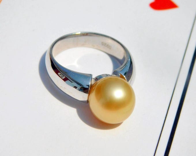Golden South Sea Pearl Pinky Ring: 3.75 US Size, 9.4mm, AAA, Small Finger Ring, Sterling Silver