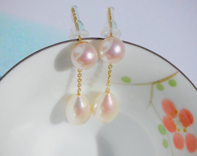 Double Freshwater Pearl Earrings | White with Pink | Long Drop Earrings | 7.8mm & 8.6mm | Solid 18kt Gold | Light weight Earrings | Teardrop