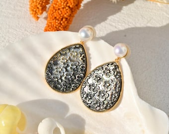 Large Drop Earrings: Freshwater Pearl &  Black Mother-of-Pearl, Carved Cherry Blossom, Vermeil