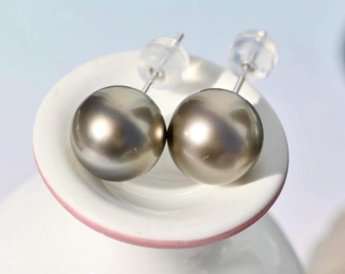 9.4mm Tahitian Pearl Studs: Olive-gray, AAA, Round, Solid 18k White Gold