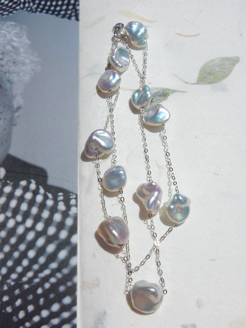 18K White Gold Chain Ready to ship Pearl Nugget Metallic Silvery White Keshi Pearl Satellite Necklace Dainty