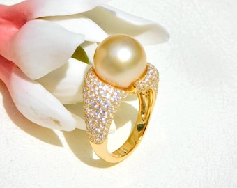 12.1mm Light Golden South Sea Pearl Ring | Cluster Ring | Gold Plated Sterling Silver | 6.75 US | AAA | Pearl Ring | Statement Ring | Gold