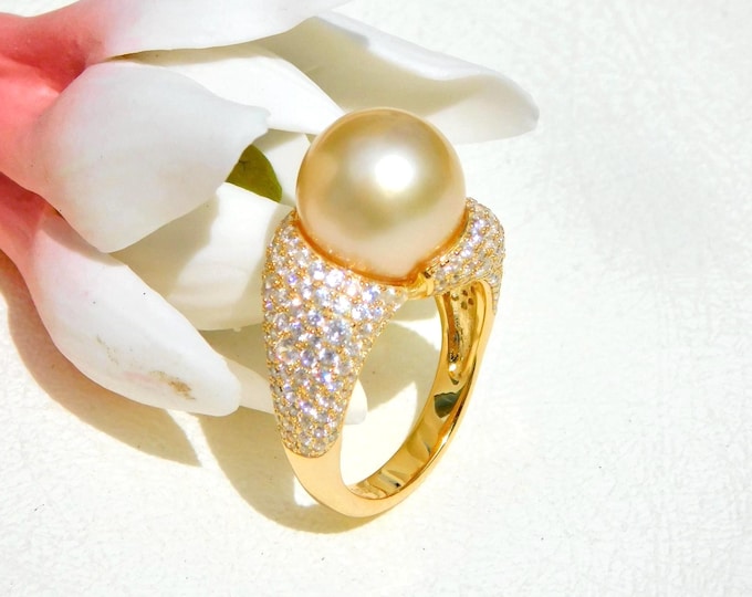12.1mm Light Golden South Sea Pearl Ring | Cluster Ring | Gold Plated Sterling Silver | 6.75 US | AAA | Pearl Ring | Statement Ring | Gold