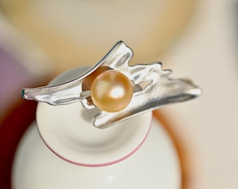Golden South Sea Pearl Brooch/Pendant: Butter Gold, 9mm, AAA, Abstract Matte Finish, S925 Silver, Gold Pearl Pin
