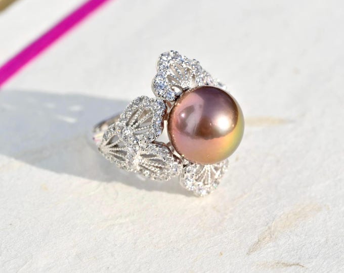 11.5mm Super Metallic Freshwater Pearl Ring: White Gold Sterling Silver Lace, AAA+, 6 3/4 US Size
