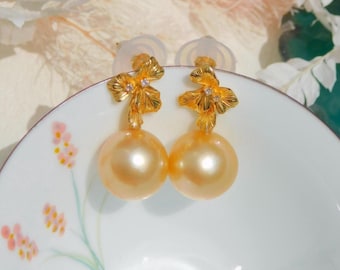 13.3mm Golden South Sea Pearl Textured Leaf Earrings | AAA | Round |  Solid 9K Yellow Gold | Large Pearl Earrings | Golden Pearls