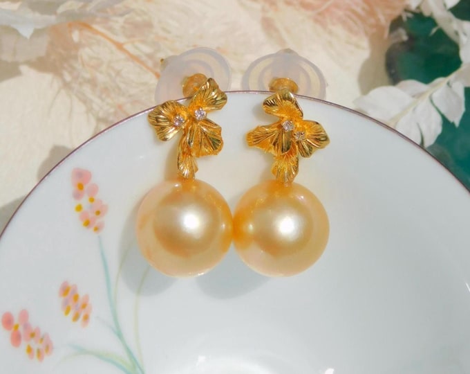 13.3mm Golden South Sea Pearl Textured Leaf Earrings | AAA | Round |  Solid 9K Yellow Gold | Large Pearl Earrings | Golden Pearls