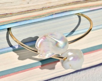 Dual Pearl Bypass Bangle: 2.3mm Round Gold filled Open Bangle, 6.5-6.75 inch Wrist Size, White Baroque Pearls