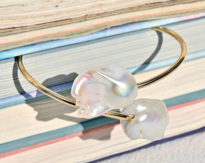 Dual Pearl Bypass Bangle: 2.3mm Round Gold filled Open Bangle, 6.5-6.75 inch Wrist Size, White Baroque Pearls