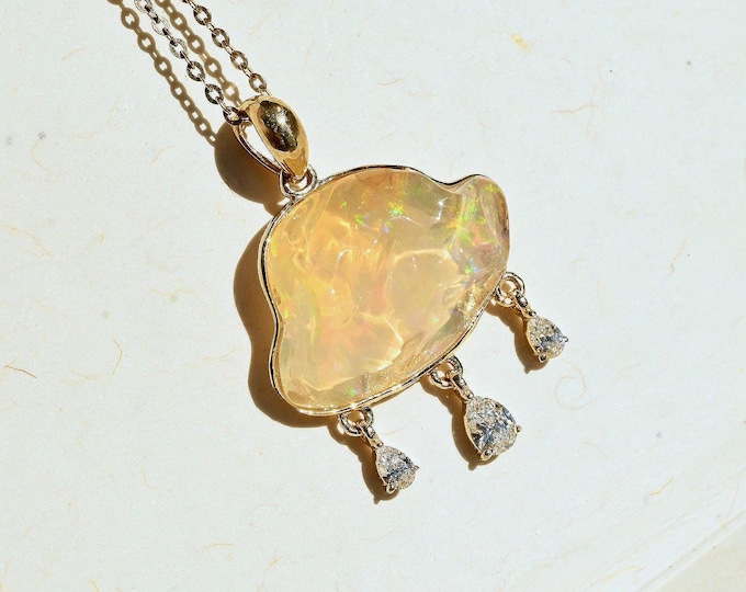 4.45 CT Mexican Opal Pendant: Solid 9K Gold, Cloud Pendant, Lab Diamonds, Freeform Opal, October Birthstone