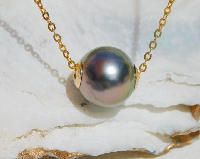 Floating Tahitian Pearl Necklace | 9.9mm | Aubergine Green | Dainty | Adjustable Solid 18K Gold Pin-end Chain | Black Pearl | AAA | Au750