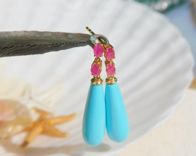 Sleeping Beauty Turquoise & Ruby Earrings: Solid 18k Gold, Dainty Design, Teardrop Earrings, Blue, Red
