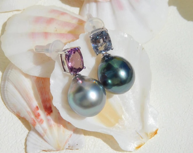 Mismatched Spinel and Tahitian Pearl Earrings | Peacock Blue | Gray | Purple | Gray Blue | Tahitian and Gemstone | Solid 14k White Gold