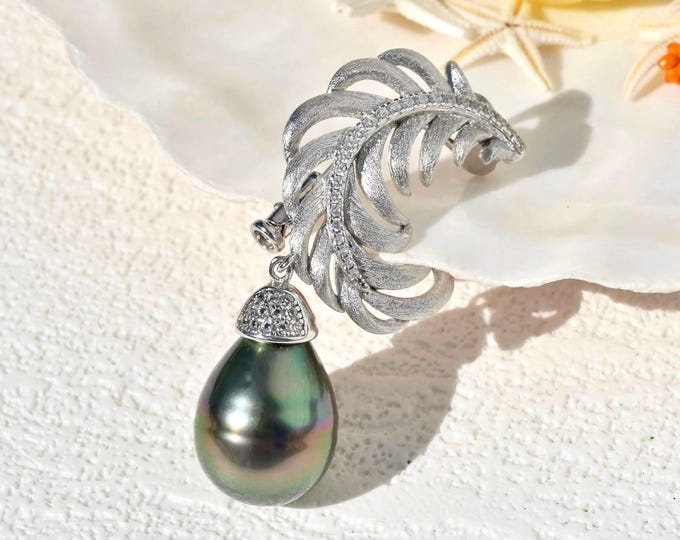 Tahitian Pearl Feather Brooch: Sterling Silver, Brush Finish, Peacock, 11.7mm, AAA