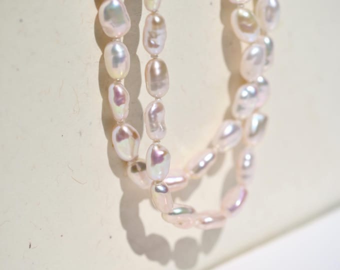 Freshwater Keshi Pearl Necklace: Super Luster, Solid 18k Gold, Rainbow Pink White, AAA+, 17 Inch