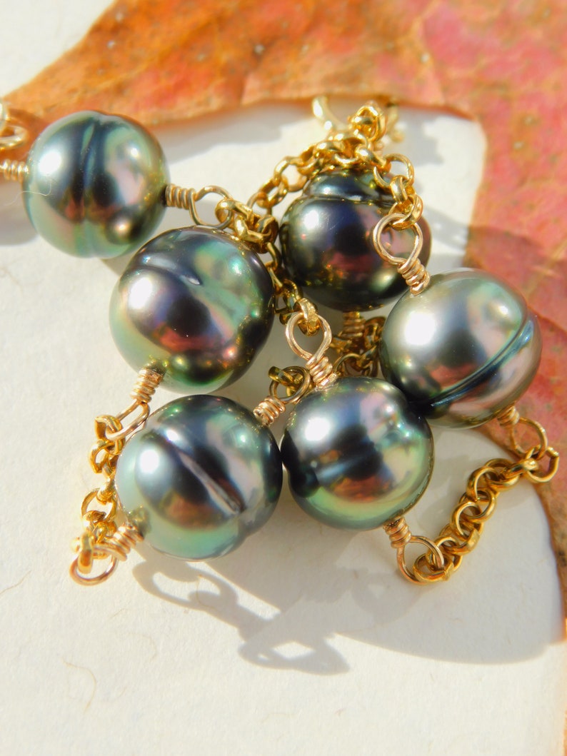 Black Pearls Peacock Adjustable Length Gold filled Rolo Chain AAA Wire Work Circled Tahitian Pearl Satellite Bracelet