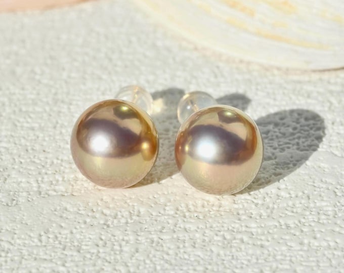 Freshwater Pearl Studs: Solid 18K Gold, 11.2mm, Pastel Golden Blush, AAA+, Pink Pearls